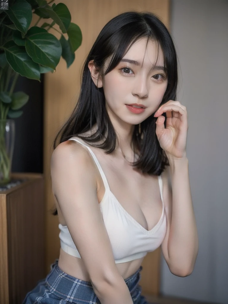 Illustrated 、最high quality、high quality、best image quality、8K、最High resolution、High resolution、最high quality、masterpiece、Raw photo、realistic atmosphere、(detailed face)、(fine hands、thumb１reference４)、(beauty of japan )、very nice face、cute face、((beautiful japanese girl))、(japanese woman), ((18 year old beautiful girl))、(glossy black hair)、whole body、slim style、(shiny skin)、(Fair skin, Glossy skin)、real human skin、realistic human body structure、perfect body， perfect face， perfect hands， perfect finger， perfect lips， perfect eyes，perfect teeth、perfect background， perfect atmosphere， natural soft light, (big breast:1.2), Show thigh, Skirt, Skirts should be shortened, Crossed legs.