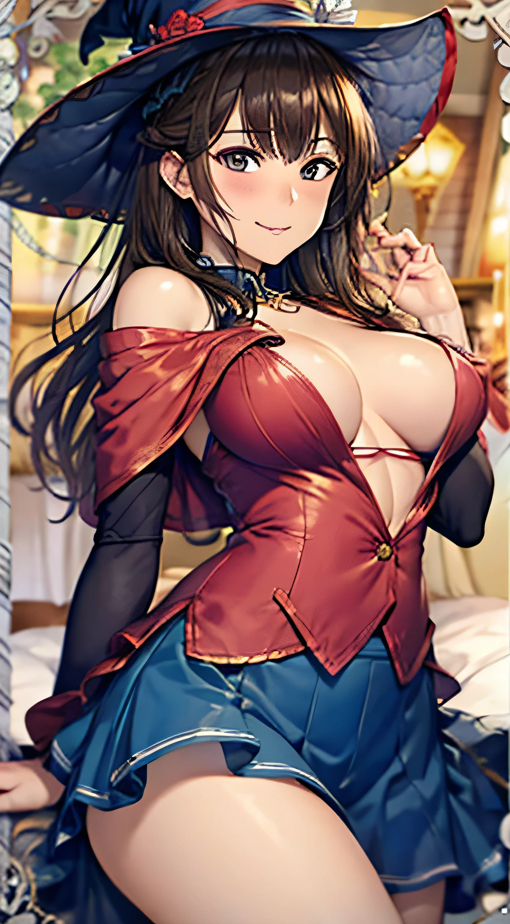 ((Tabletop, Highest quality, High resolution, , Pixel Perfect, 4K, ))), Beautiful woman,, alone, beauty、The whole body is visible、 (((???? Witch Cosplay), Long dark blonde wavy hair、Off-the-shoulder jacket,　Dark blue flared skirt、Black knee-high stockings、??????、、Mid-wave hair, bangs, Brown Hair)), ((Brown eyes, Beautiful eyelashes, Realistic eyes)), ((Detailed face, Blushing:1.2)), ((Smooth texture:0.75, Realistic texture:0.65, Realistic:1.1, Anime CG Style)), Center of ?????, Dynamic Angle, Perfect body, ((,)), 、、Very embarrassing panic smile, 、Princess Bedroom in Castle、On the bed、Lying in bed、look up、(??????? are visible, 、、、、、Pink lace panties、)、Angle from below