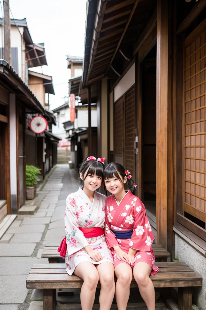 2 girls on wooden bench in old-Japanese street,floral pink yukata with red obi,18-year-old,bangs,a little smile,thighs,knees,short hair and low pigtails with red ribbon bow,from before,front light