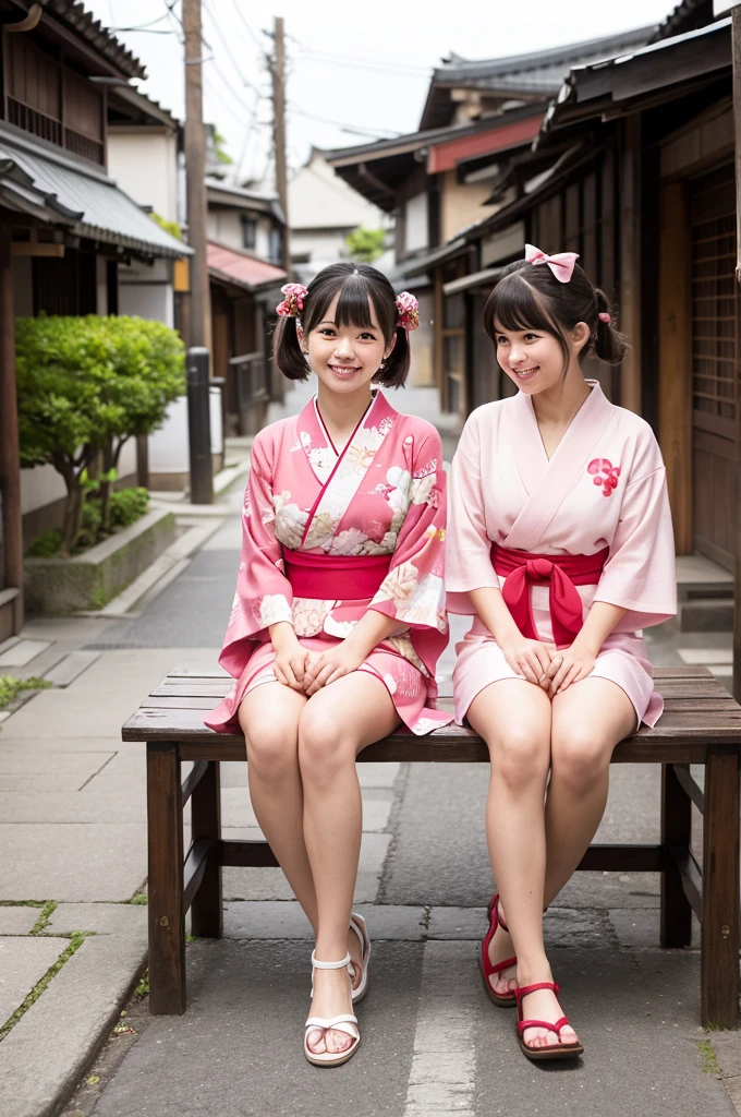 2 girls on wooden bench in old-Japanese street,floral pink yukata with red obi,18-year-old,bangs,a little smile,thighs,knees,short hair and low pigtails with red ribbon bow,from before,front light