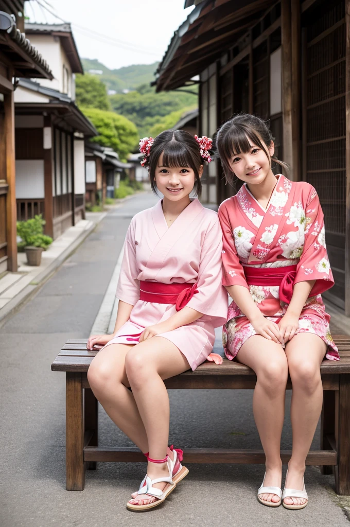 2 girls on wooden bench in old-Japanese street,floral pink yukata with red obi,18-year-old,bangs,a little smile,thighs,knees,short hair and low pigtails with red ribbon bow,from before,front light