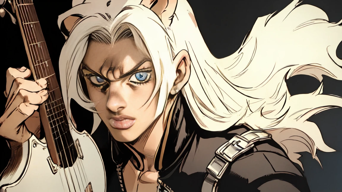 ((Hirohiko Araki style)), One male, lion ears, long hair, blond, black hair, blue eyes, tall, holding guitar, muscular, bomber jacket, beautiful face, ((highest quality)), ((masterpiece)), 2d, ((anime)), (perfect face), ((highest detail)), feline eyes, stubble, lion tail, wavy hair, cowboy shot, detailed face, intricate details, (paisley background), ((solo)), relaxed expression,
