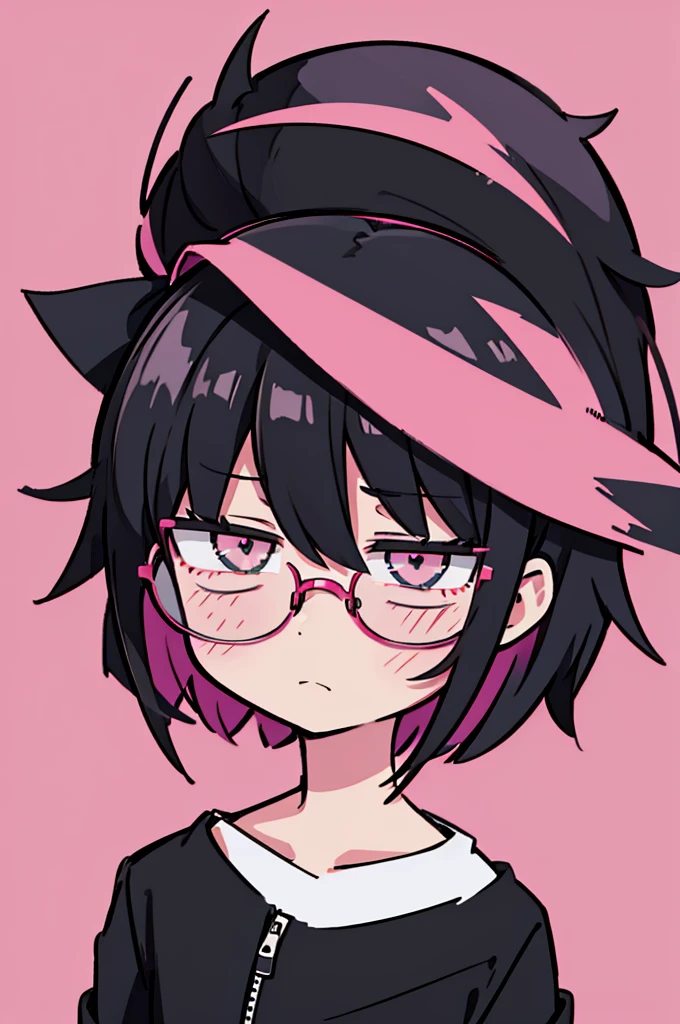 black pants, Sharp image, man, Black hair with pink ends, wearing a pink jacket. , has a dull, bored face, wears round glasses, has short, neat hair,