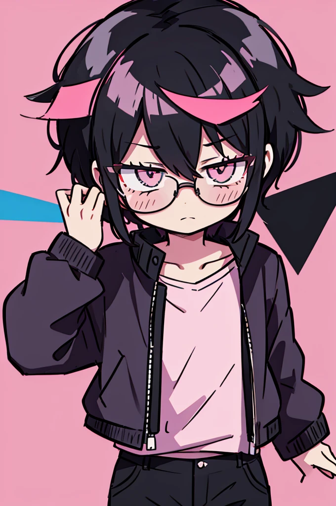 black pants, Sharp image, man, Black hair with pink ends, wearing a pink jacket. , has a dull, bored face, wears round glasses, has short, neat hair,