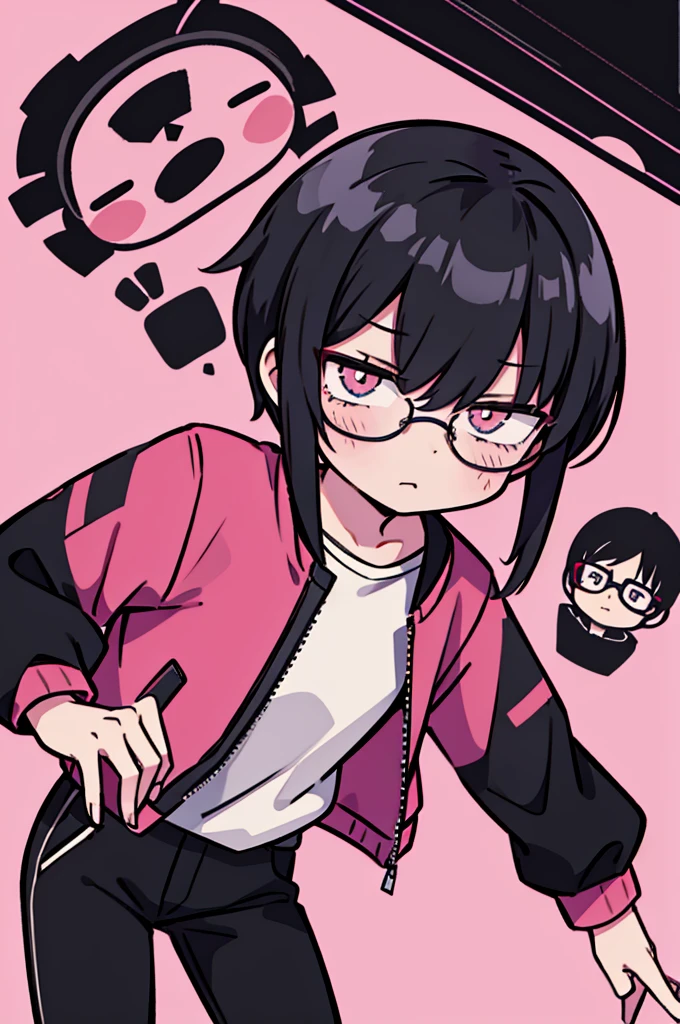 black pants, Sharp image, man, Black hair with pink ends, wearing a pink jacket. , has a dull, bored face, wears round glasses, has short, neat hair,