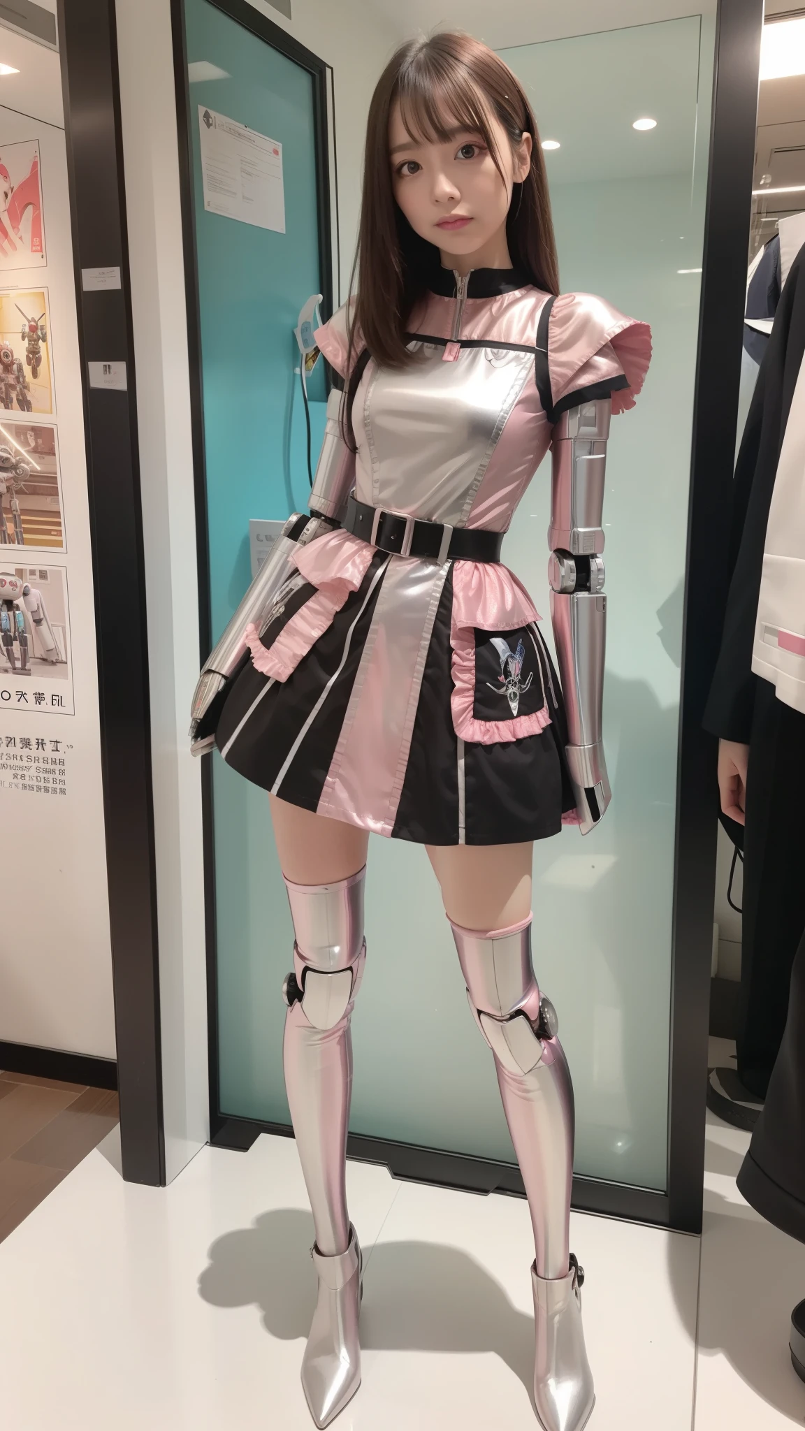 Robot Girl, pink, Silver, Metallic body, Robot Parts, Metal Parts, Super Detailed Face, Super well-formed face, of the highest quality, a small face, a small head, Brown hair, Slender body, Camera gaze, Internal Mechanical Exposure, Idol, front facing, Well-proportioned body, sale, Exhibited, Event Hall, Moe Pose, pink metallic Lolita dress machine armor, Standing with legs open, Model body type, sad, Embarrassing,(Perfect Robot Girl),(Perfect machine body)