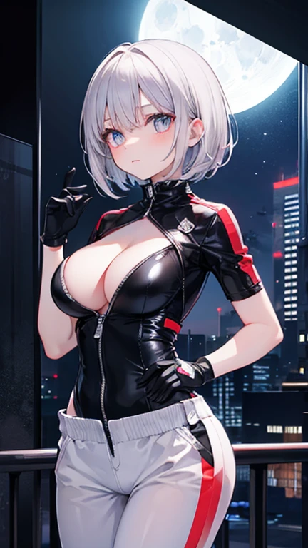 Silver Hair, bangs, Bobcut, Head-mounted display, Glowing Eyes,Sharp Eyes、 Textured skin, high quality, 最high quality, masterpiece, Sci-fi spies, Cyberpunk World, Functional bodysuit, beautiful girl, Shiny bodysuit, Girl in the dark, 6k, cute, The facial details are particularly rich., Perfect lighting, Fits perfectly to the skin, Cleavage、Large Breasts、latex, White jumpsuit, moonlight, Shades, goddess
