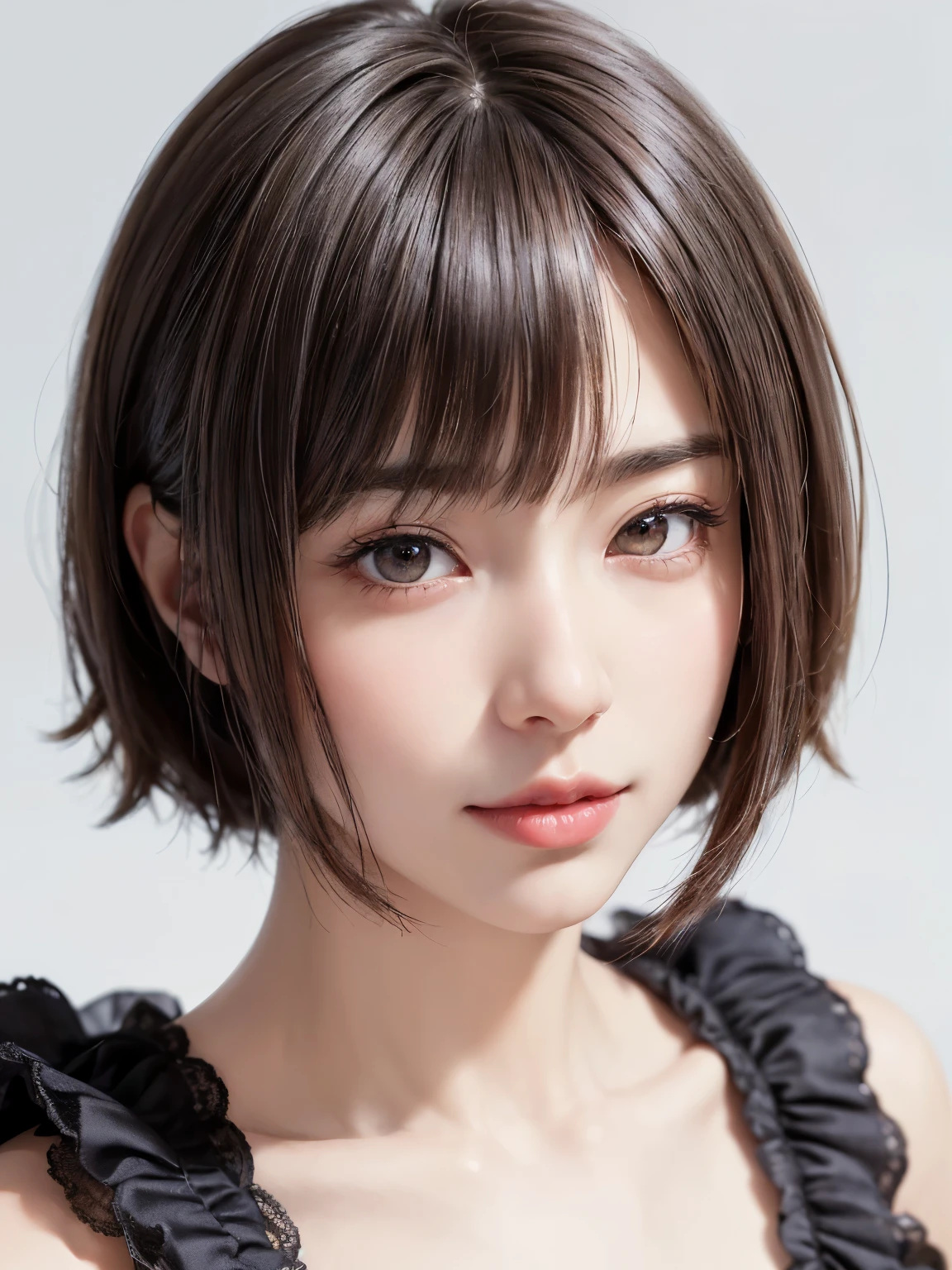 (software:1.8、masterpiece, best quality),1 girl, alone, hyper realistic, realistic,realistic, looking at the audience, light brown eyes:1.4,Brunette short bob hair with highly detailed shiny hair, bright red clothes:1.4, Repangas:1.4), Shut up, upper body、big chest eye、Eyelashes、{giantな|big chest|giantなな|mega} heel :2, chestの谷間:2、(((Add highlights to your eyes:1.4、big chest eye、short bob hair、glowing skin:1.4、looking at the audience、She is very beautiful and cute、show me your ears、beautiful長い首、laugh、Close your mouth and laugh、前髪とbeautiful歯)))、ideal body type、((beautiful, Blank white background:2、simple, Blank white background:2、非常にsimple白い背景:2))、beautiful長い首:1.4、(({giant|big|giantな|mega} chest, chestの谷間:2、upper bodyは服を着ていない:1.6))、(((portrait:2、face close up:2、face close up:2)))、complete anatomy