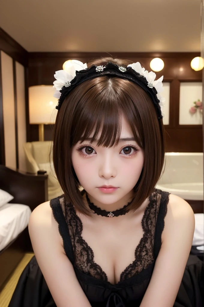Cute 20 year old Japan woman、Beautiful Skin、Beautiful Hair、Short Hair Length、Bob Hair、Brown Hair Color、Beautiful Eyes、Brown Eye Color、Embarrassed look、place:Love Hotel、Gothic Lolita
、The naughtiest pose