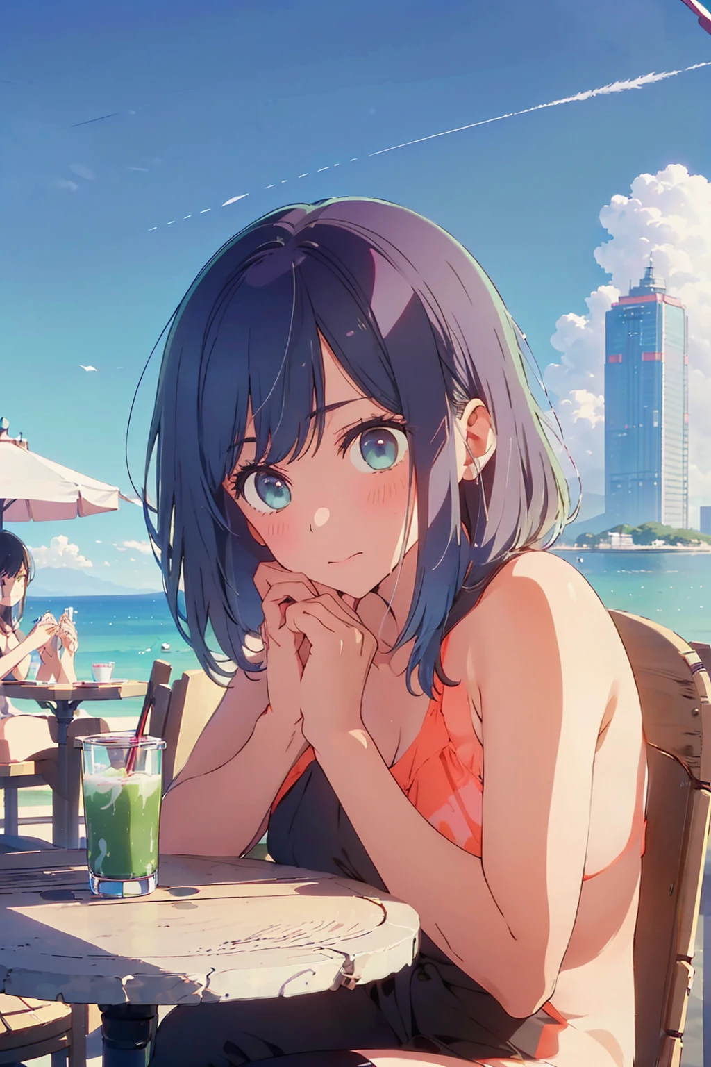 (Highest quality:1.4、8K:1.4、detailed)、F cup bust、Big Breasts、Slim body、Very white beautiful skin、((((1 person、Surprised expression、sit、Chair、In the background are the urban buildings of Tokyo、looking at the camera、Outdoor café terrace、coastal、Navy hair color、juice、Shooting up close、table、Very cute face))))、((((nude))))、(Pose of putting hair behind ears with both hands:1.4)、Very blue sky、A completely cloudless sky