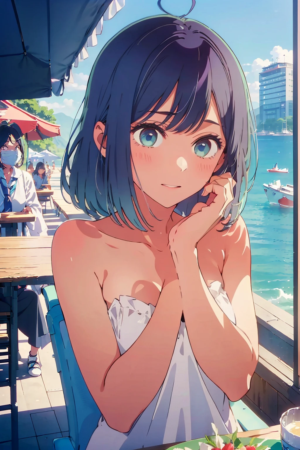 (Highest quality:1.4、8K:1.4、detailed)、F cup bust、Big Breasts、Slim body、Very white beautiful skin、((((1 person、Surprised expression、sit、Chair、In the background are the urban buildings of Tokyo、looking at the camera、Outdoor café terrace、coastal、Navy hair color、juice、Shooting up close、table、Very cute face))))、(((())))、(Pose of putting hair behind ears with both hands:1.4)、Very blue sky、A completely cloudless sky