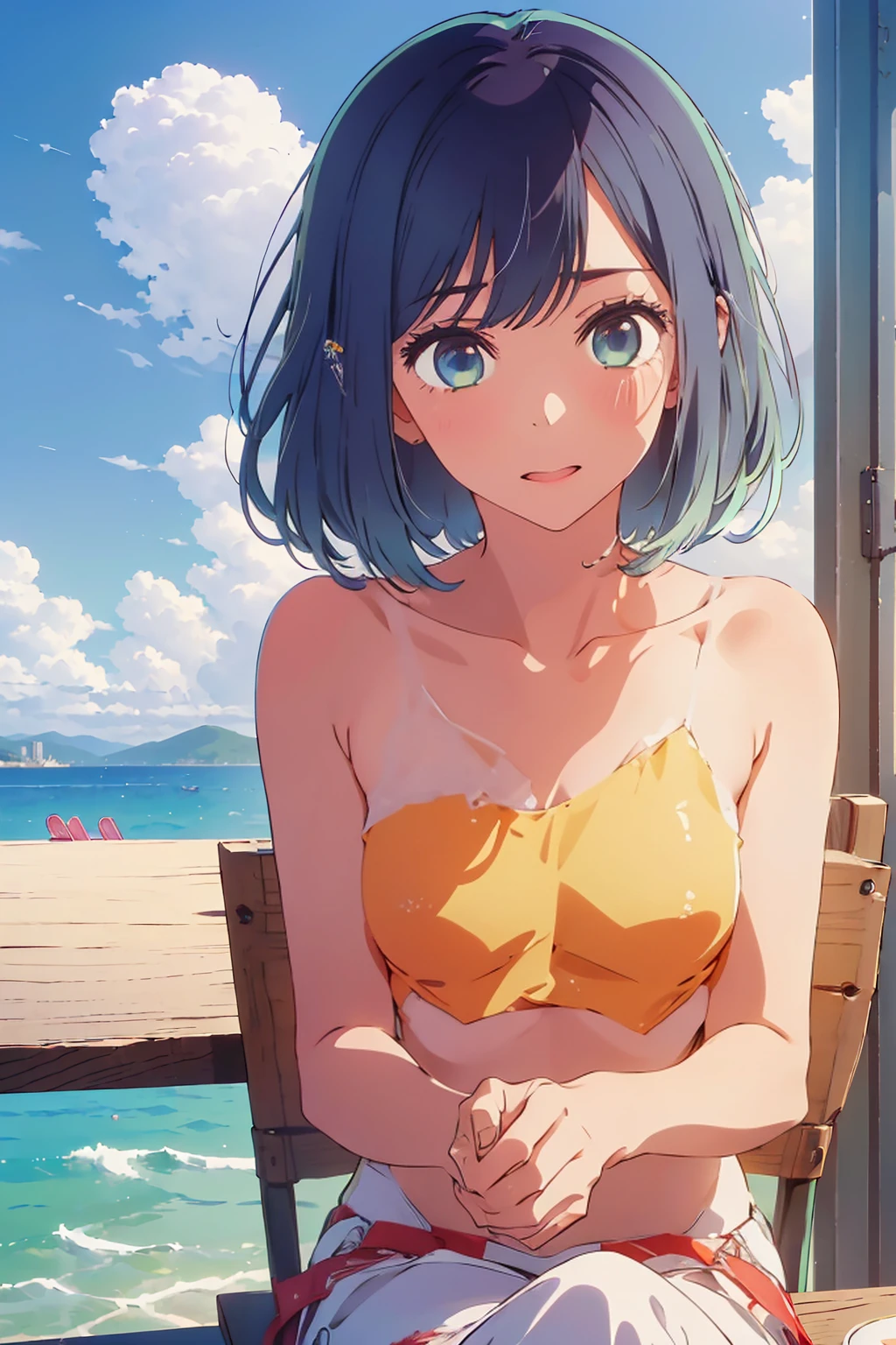 (Highest quality:1.4、8K:1.4、detailed)、F cup bust、Big Breasts、Slim body、Very white beautiful skin、((((1 person、Surprised expression、sit、Chair、In the background are the urban buildings of Tokyo、looking at the camera、Outdoor café terrace、coastal、Navy hair color、juice、Shooting up close、table、Very cute face))))、((((nude))))、(Pose of putting hair behind ears with both hands:1.4)、Very blue sky、A completely cloudless sky