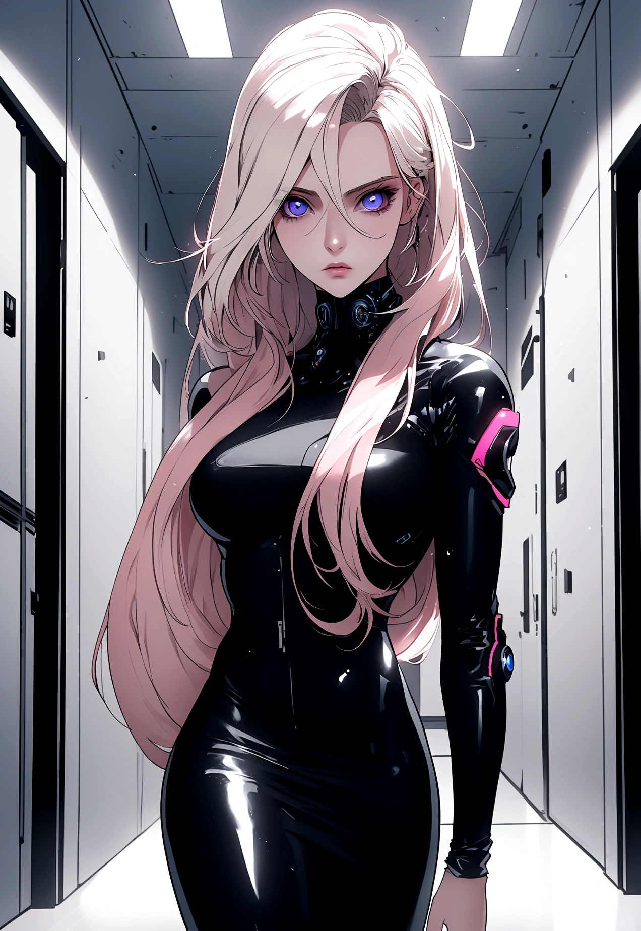 (masterpiece, 32k, 8k, white laboratory corridor setting, character walking towards the viewer) woman, 26 years old, naturally beautiful face, serious and empty expression, long blonde hair with pink highlights, tight black clothes in cyberpunk style, colored eyes different, one blue eye and the other gray eye