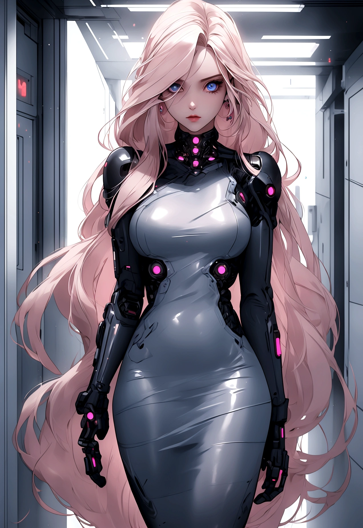 (masterpiece, 32k, 8k, white laboratory corridor setting, character walking towards the viewer) woman, 26 years old, naturally beautiful face, serious and empty expression, long blonde hair with pink highlights, tight black clothes in cyberpunk style, colored eyes different, one blue eye and the other gray eye