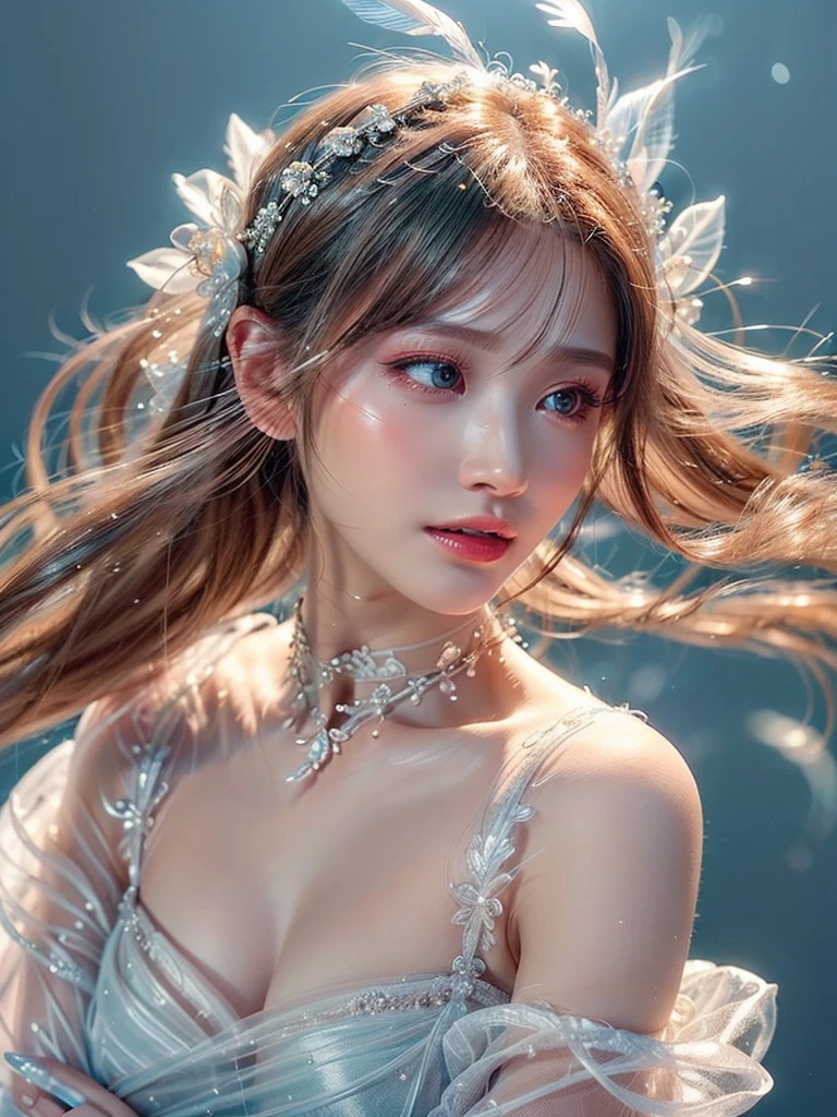 White Background、Professional Lighting、(((Professional Lighting 1.5)))、Translucent skin texture、Beautiful Skin、Beautiful Skin、、Off the shoulder、White Dress、(((See-through 1.2)))、fluttering feathers、Ecstasy of Musical Notes、(())、Face close-up