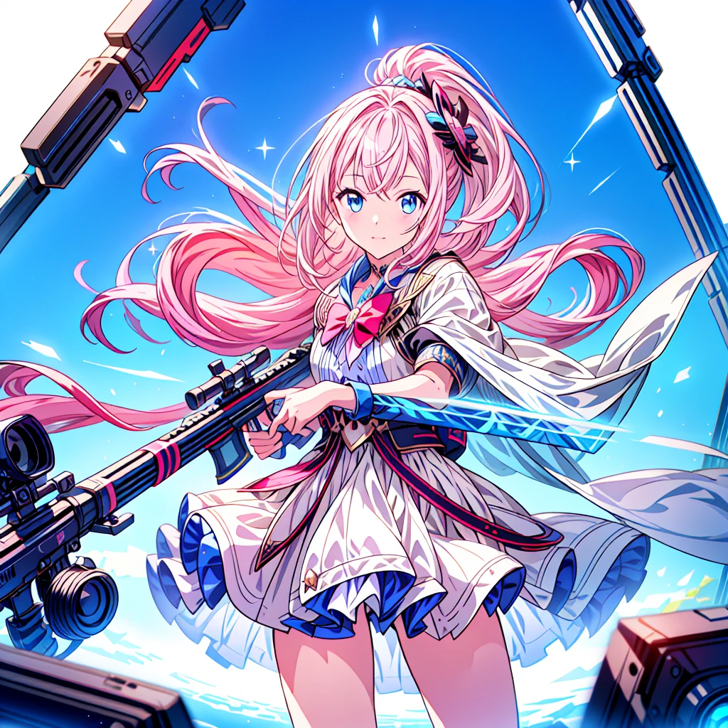 One girl、[17277fbe68],He threatened Hideo.、high quality、Maximum details、(((最high quality、masterpiece、Official Art、Best dynamic composition)))、(Thin Hair)、(Tabletop, 最high quality), Very detailed, Anime Style, whole body, Cyberpunk Girl, Gripping a high-tech rifle, Milky white and pink hair, Sparkling blue eyes, Wearing a magical girl costume , 8K high resolution, Trend Art Station, White Background, Standing in the Wilderness, whole body,