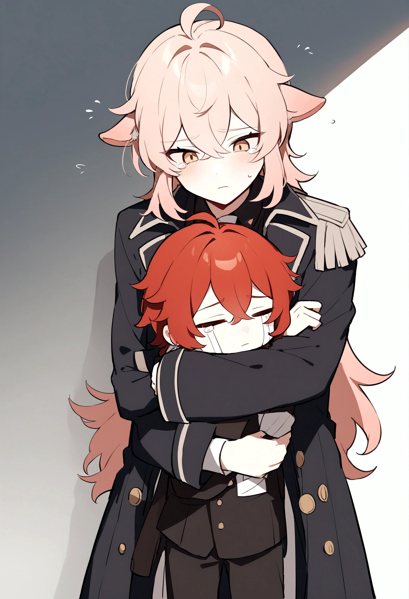 Tignari from the game Genshin impact dressed in a doctor's coat, he hugs Diluc from the game Genshin impact, Diluc is wearing a police chief's uniform, Tignari is crying, his ears droop, hugging Diluc, Diluc comforts Tignari with a tired expression