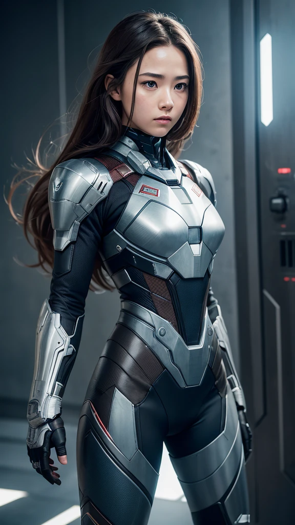 1 girl wearing War Machine Mark 1 suit from Marvel movies, long hair, beautiful face, fit body, fighting in sky, 8K quality, super detail image, best quality photo, realistic, masterpiece, 