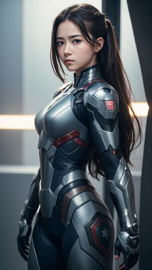 1 girl wearing War Machine Mark 1 suit from Marvel movies, long hair, beautiful face, fit body, fighting in sky, 8K quality, super detail image, best quality photo, realistic, masterpiece,