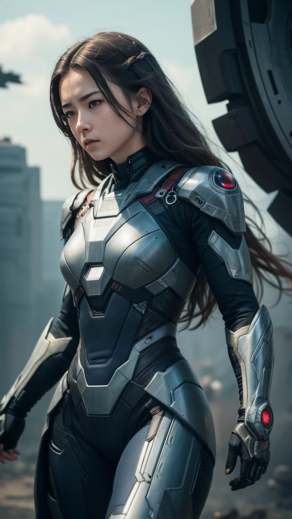 1 girl wearing War Machine Mark 1 suit from Marvel movies, long hair, beautiful face, fit body, fighting in sky, 8K quality, super detail image, best quality photo, realistic, masterpiece, 