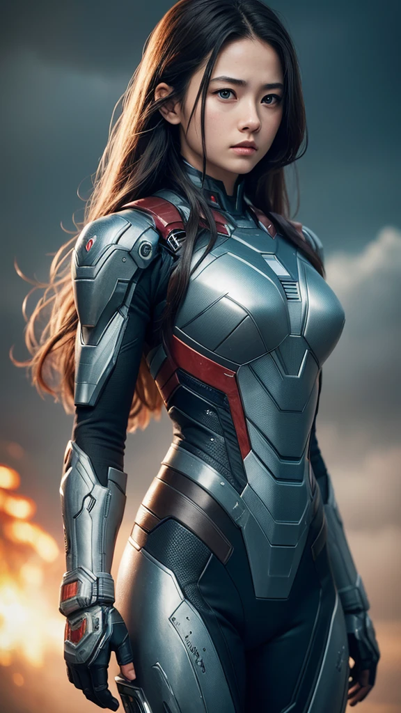 1 girl wearing War Machine Mark 1 suit from Marvel movies, long hair, beautiful face, fit body, fighting in sky, 8K quality, super detail image, best quality photo, realistic, masterpiece,