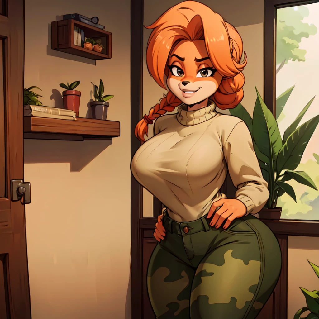 (Best quality,4K,8 k,A high resolution,masterpiece:1.2),ultra detailed,realistic:1.37,portrait,anthro bandicoot girl red, Braided hair, face, closen eyes,  sexual ,seductive, warm sweater,  camouflage, pants grinning,  , Anthro Girl , sweater, camouflage pants, He approaches the viewer  hugs and kiss