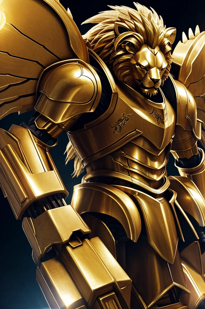 An image of an angry golden transforming lion robot is golden in color and agile and has a powerful armor that has an angry lion emblem on the armor and has steel wings and also has a helmet with a king's crown that has horns.  It has golden steel and is integrated, and a steel sword that lies and shines like the sun, and a steel shield with the sign of a lion and the sun engraved on the shield