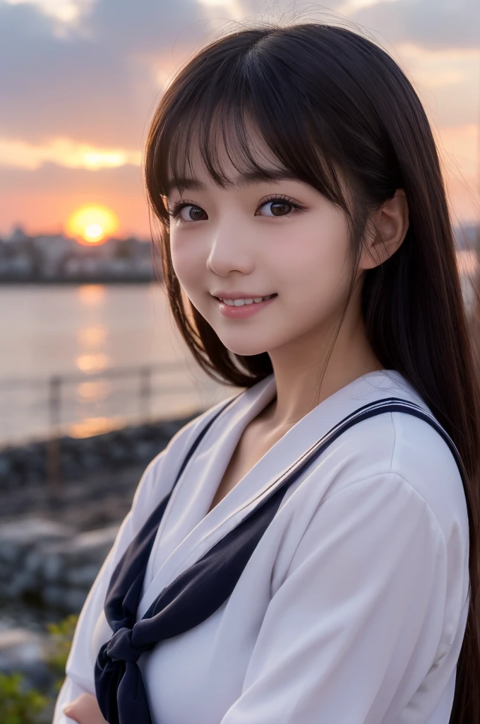 (1 Girl )、(Beautiful Japanese、18years old,round face、Refreshing、clear、seems kind、stylish、Pitiful、cute like an angel、cute、black eyes、,actress,Almond-shaped eyes,Translucent white skin、Beautiful skin), {(Japan human face:1.4)} , (((Beautiful breasts:0.4))),(((soft breasts))),(very cute),(Black hair),(enchanting eyes),(highlight on eyes:1.2)、(8K、Live shooting、highest quality、masterpiece:1.2、optimal lighting)、((masterpiece)),(Photo taken by a professional photographer),(real、photo real:1.4),BREAK,{(cute Japanese high school sailor uniform),((traditional Sailor Suit:1.0))},(cheeks are red:1.3), BREAK, BREAK,Face shot:1.3、 face close-up,Looking at viewer,happy,Little smile,evening、Japan,evening、sunset、、cumulonimbus,A fresh breeze、Hair swaying in the wind:1.4,Sunset,profile,田んぼ道,