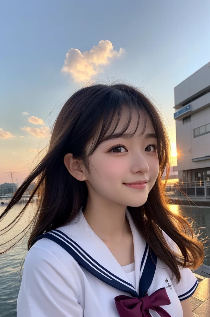 (1 Girl )、(Beautiful Japanese、18years old,round face、Refreshing、clear、seems kind、stylish、Pitiful、cute like an angel、cute、black eyes、,actress,Almond-shaped eyes,Translucent white skin、Beautiful skin), {(Japan human face:1.4)} , (((Beautiful breasts:0.4))),(((soft breasts))),(very cute),(Black hair),(enchanting eyes),(highlight on eyes:1.2)、(8K、Live shooting、highest quality、masterpiece:1.2、optimal lighting)、((masterpiece)),(Photo taken by a professional photographer),(real、photo real:1.4),BREAK,{(cute Japanese high school sailor uniform),((traditional Sailor Suit:1.0))},(cheeks are red:1.3), BREAK, BREAK,Face shot:1.3、 face close-up,Looking at viewer,happy,Little smile,evening、Japan,evening、sunset、、cumulonimbus,A fresh breeze、Hair swaying in the wind:1.4,Sunset,profile,田んぼ道,