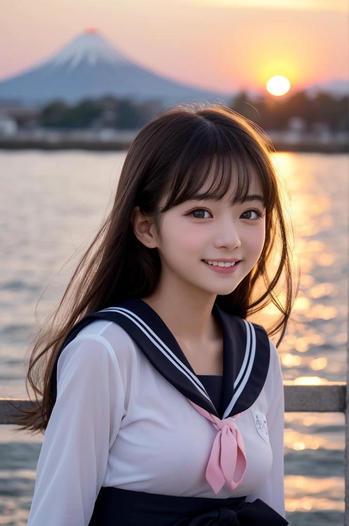 (1 Girl )、(Beautiful Japanese、18years old,round face、Refreshing、clear、seems kind、stylish、Pitiful、cute like an angel、cute、black eyes、,actress,Almond-shaped eyes,Translucent white skin、Beautiful skin), {(Japan human face:1.4)} , (((Beautiful breasts:0.4))),(((soft breasts))),(very cute),(Black hair),(enchanting eyes),(highlight on eyes:1.2)、(8K、Live shooting、highest quality、masterpiece:1.2、optimal lighting)、((masterpiece)),(Photo taken by a professional photographer),(real、photo real:1.4),BREAK,{(cute Japanese high school sailor uniform),((traditional Sailor Suit:1.0))},(cheeks are red:1.3), BREAK, BREAK,Face shot:1.3、 face close-up,Looking at viewer,happy,Little smile,evening、Japan,evening、sunset、、cumulonimbus,A fresh breeze、Hair swaying in the wind:1.4,Sunset,profile,田んぼ道,