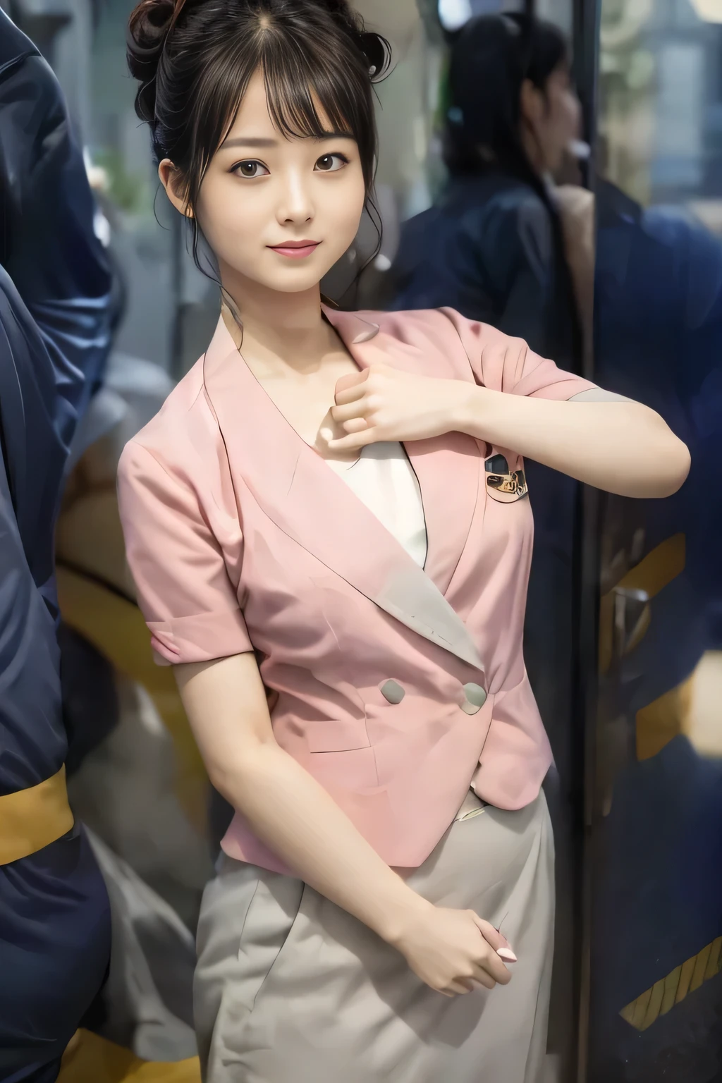 (masterpiece:1.2, Highest quality:1.2), 32k HDR, High resolution, (alone、1 girl)、 (Height: 160cm)、(On the rooftop of a building in the daytime、Professional Lighting)、Building rooftop background、(Nankai train crew uniform pinkを着たリアルスタイル)、(Nankai train crew uniform pink short sleeve collarless pink jacket、Nankai Train Crew Uniform Pink Collarless Short Sleeve Blouse、Nankai Train Crew Uniform Pink Grey Knee-length Culottes)、(The pink jacket is showing from the culottes.)、Dark brown hair、(Hair tied up、Hair tied up、Evening curly hairstyle)、Dark brown hair、Long Shot、Big Breasts、Thin legs、((Great hands:2.0)),((Harmonious body proportions:1.5)),((Normal limbs:2.0)),((Normal finger:2.0)),((Delicate eyes:2.0)),((Normal eyes:2.0)))、smile、(Nankai Train Crew Uniform Pink Grey Knee-length Culottesを見せた美しい歩く姿)、Place your hands around your stomach、Lanyard employee ID card
