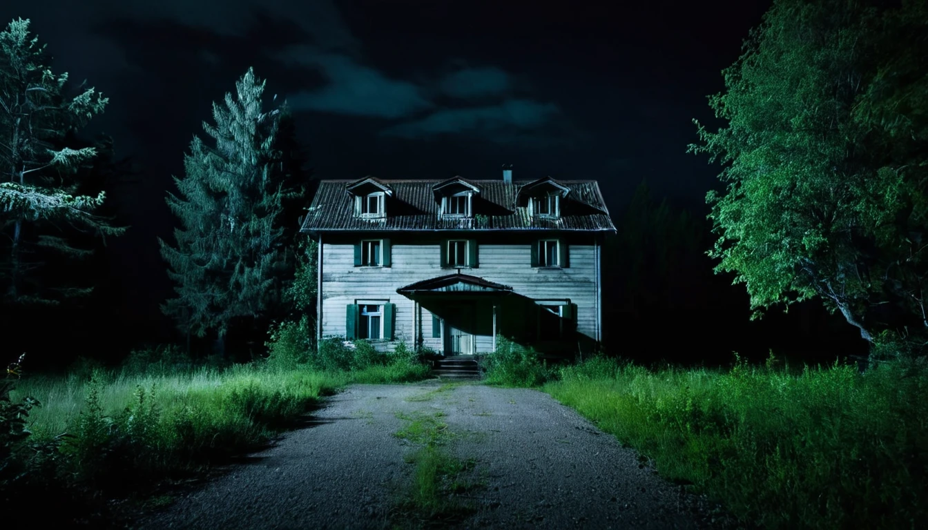 front of a lonely house, close to the road, forested area, sinister environment, dark night