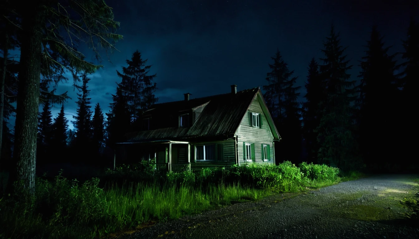 front of a lonely house, close to the road, forested area, sinister environment, dark night