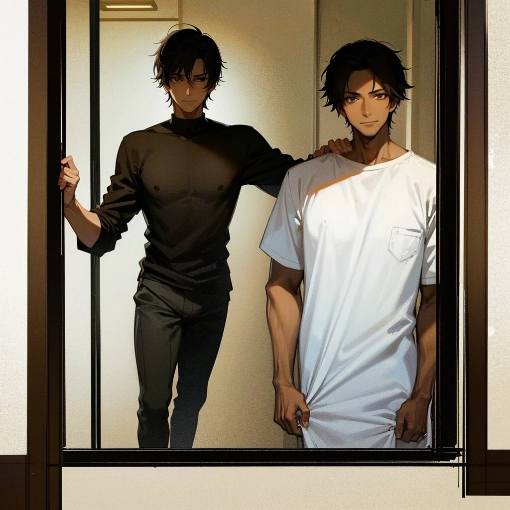 anime style, 25 years old, Brown skinned man, yandere look, yandere expression, Black hair, half of his body exposed, standing up, raised one hand resting on the door frame, slightly masculine, looking at the camera with a smirk