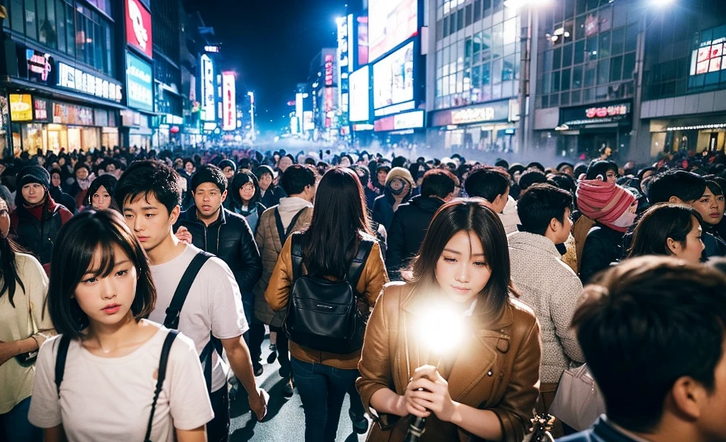 crowd, in shibuya city, thick fog, sony a7, film grain, dark night, Photorealistic, one-point perspective, 32K, diffuse reflection, colorful shiny particles, Lens Flare, soft lighting