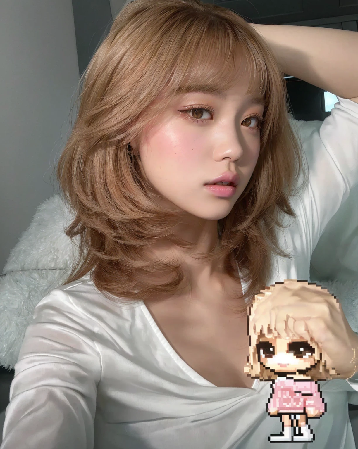 there is a woman with a pixel head and a pixel head, the hime cut, lalisa manobal, Lalisa Manoban of Blackpink, Kawaii realistic portrait, with short hair, roseanne park by blackpink, ulzzang, sun yunjoo, with bangs, fluffy bangs, tzuyu of two times, white hime cut hairstyle, 3d realistic anime style