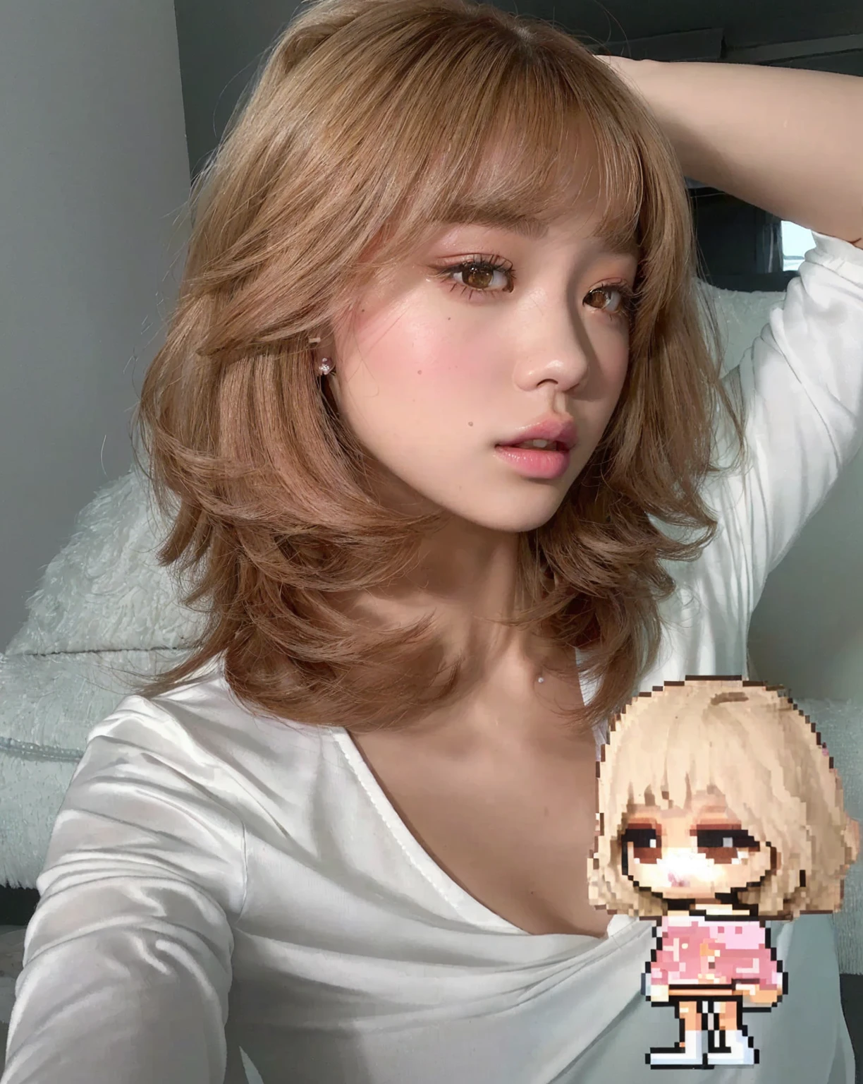 there is a woman with a pixel head and a pixel head, the hime cut, lalisa manobal, Lalisa Manoban of Blackpink, Kawaii realistic portrait, with short hair, roseanne park by blackpink, ulzzang, sun yunjoo, with bangs, fluffy bangs, tzuyu of two times, white hime cut hairstyle, 3d realistic anime style