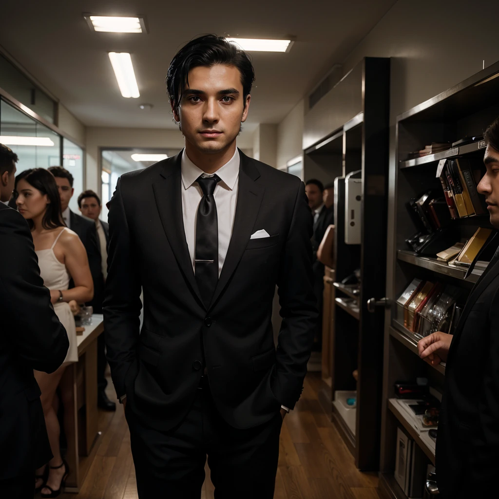 a 26 year old standing man in a suit and tie, black hair, body and head straight in the photo, DSRL, facing the viewer of the photo, eyes fixed on the lens, shoulders and head showing in the photo, man in the center of the photo, 8k, best quality , masterpiece, realistic, realistic photo, film photo, ultra realistic, 1 person, detailed, Perfect lighting, DSRL, professional photo, 4k