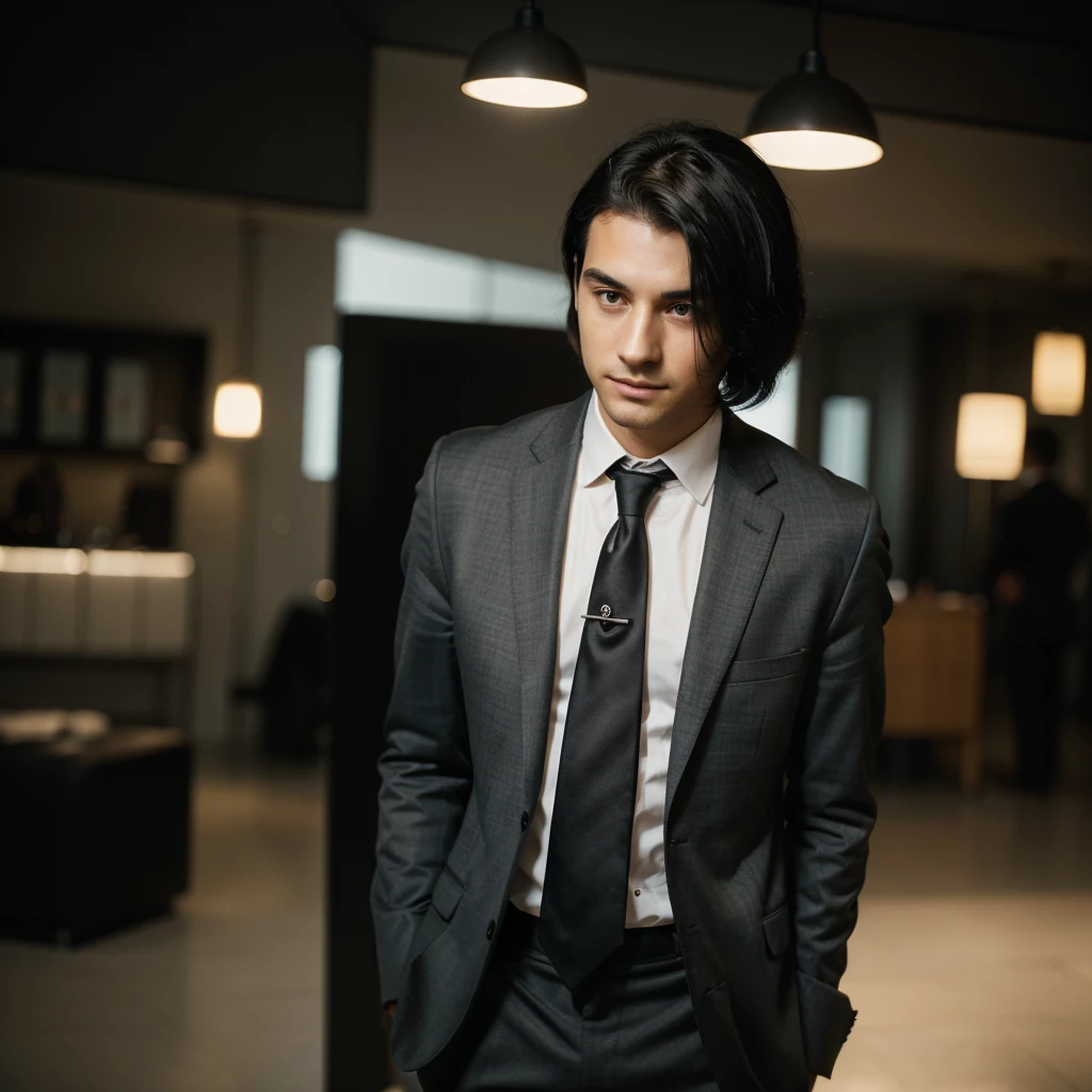 a 26 year old standing man in a suit and tie, black hair, body and head straight in the photo, DSRL, facing the viewer of the photo, eyes fixed on the lens, shoulders and head showing in the photo, man in the center of the photo, 8k, best quality , masterpiece, realistic, realistic photo, film photo, ultra realistic, 1 person, detailed, Perfect lighting, DSRL, professional photo, 4k