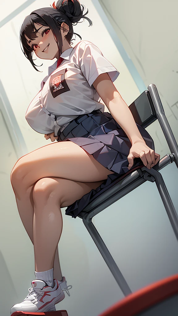 1 woman, 17 years old, (updo, red and black hair), plump body, red eyes, Indonesian high-school uniform, (white  shirt, off-shoulders), osis logo on shirt pocket, big breasts, light-grey pleated skirt, sitting on a chair,  pose, full body shot, side view, smiling, in the classroom.