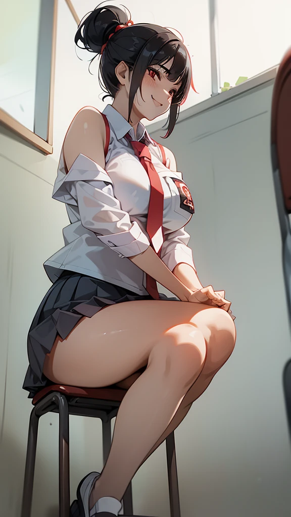 1 woman, , (updo, red and black hair), plump body, red eyes, Indonesian high-school uniform, (white transparent shirt, off-shoulders), osis logo on shirt pocket, big breasts, light-grey pleated skirt, sitting on a chair, seductive pose, full body shot, side view, smiling, in the classroom.