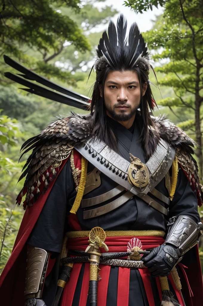 "A hyper-realistic image of an anthropomorphic hawk dressed as a samurai. The hawk has a human-like body but retains avian facial features and feathers, wearing traditional samurai armor and a helmet, standing in a dense Japanese forest with realistic lighting and detailed foliage."