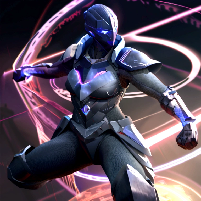 | 3d, (Anatomically correct :1.4), (Holographic Hyperspace Metaverse 50mm, Super detailed, Fantasy Background, blush, alone), (Combat Stance:1.3), (magic circle:1.3), thunder efect, (Ray Tracing), Gray Hair , blue eyes , White and blue tactical armor