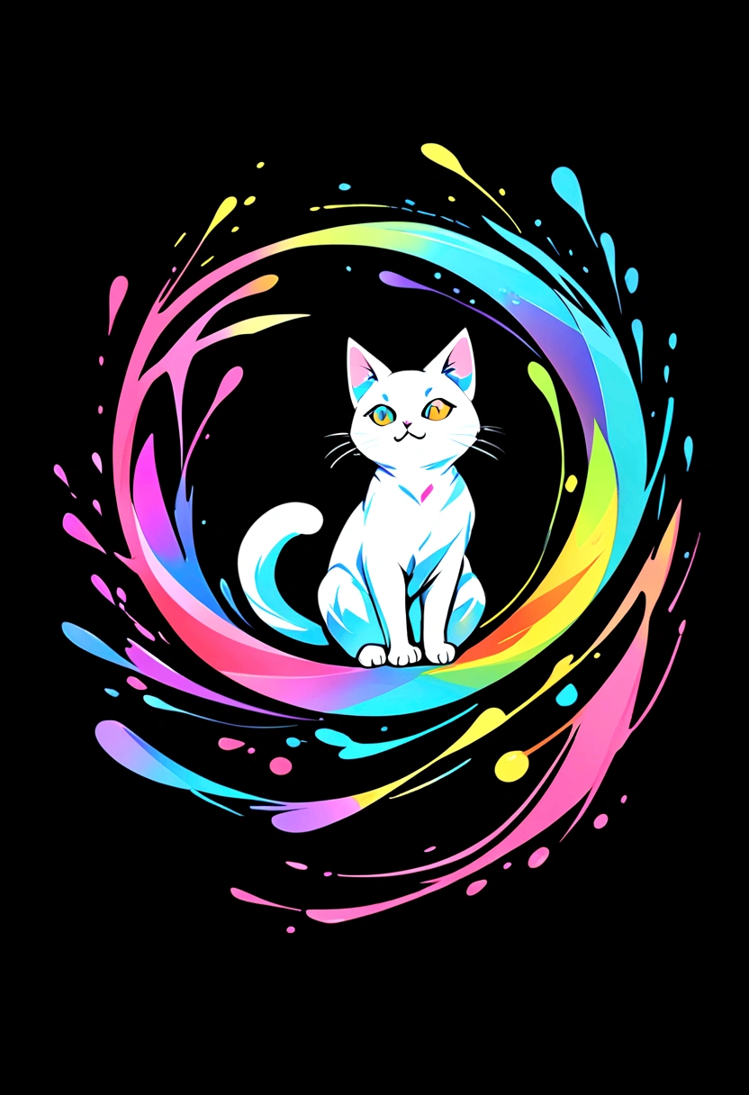 Colorful logo, Minimalist cute kitty head vector art logo illustration, front, magical, Sharp design, Soft, Monochrome color, Dark magical colorful splash paint, T-shirt design, Studio Ghibli style, Design should be vector art . Using Adobe Illustrator, create a clean, simple yet captivating logo. Keep the design focused on the cat's eye, capture its uniqueness and charm. The logo should evoke a feeling of sophistication and tranquility. The emphasis on low-poly style adds a touch of luxury. The overall aesthetic should be sleek and stylish, relevant to your brand and logo goals, black backgrounds, ((Simemeter))　It's a small cat