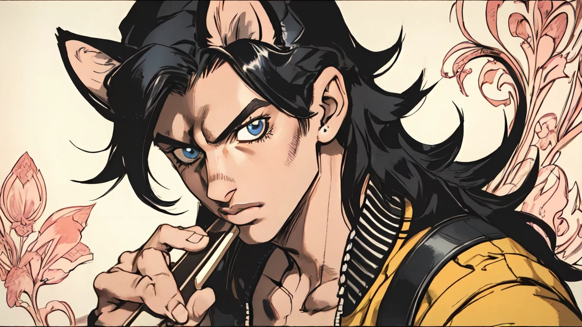 ((Hirohiko Araki style)), One male, lion ears, long hair, black hair, blue eyes, tall, holding guitar, muscular, bomber jacket, beautiful face, ((highest quality)), ((masterpiece)), 2d, ((anime)), (perfect face), ((highest detail)), feline eyes, stubble, lion tail, wavy hair, cowboy shot, detailed face, intricate details, (paisley background), ((solo)), relaxed expression,