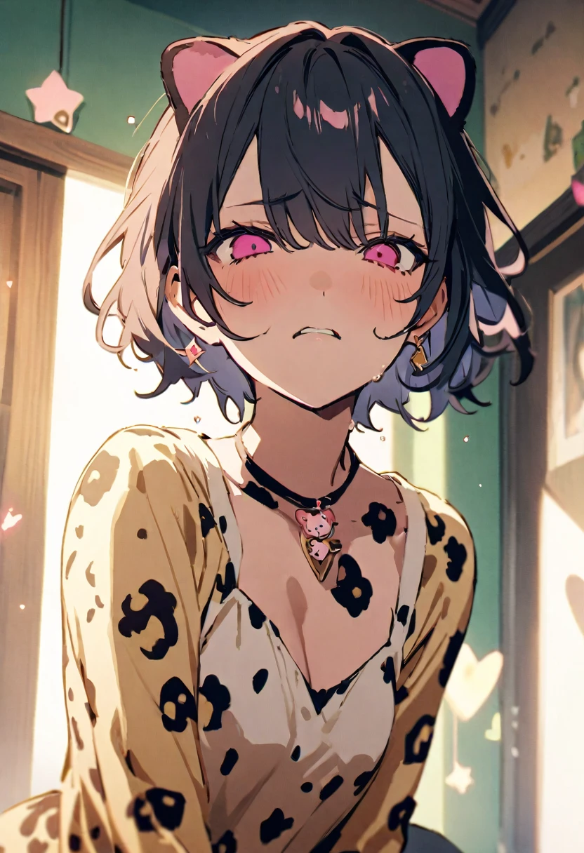 masterpiece, Highest quality, Illustration of the novel, High resolution, 18+ Adult content, Sensual, Intimate, Emotional, Passionate, romantic, sweet, Adorable, Innocent, Pure, charmな, charmな, charm, mysterious, charmな, charmな, Immersive, charmな, dream-like, Surreal, Imaginative, Whimsical, Artistic, Avant-garde, timeless, elegant, Sophisticated, chic, Sophisticated, Personality, original, charmな,(Cheetah Dress:1.3),((A look of disgust:1.3))、Upper Body、(a bit)