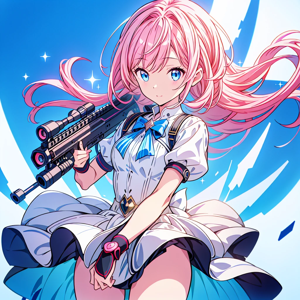 One girl、[17277fbe68],He threatened Hideo.、high quality、Maximum details、(((最high quality、masterpiece、Official Art、Best dynamic composition)))、(Thin Hair)、(Tabletop, 最high quality), Very detailed, Anime Style, whole body, Cyberpunk Girl, Gripping a high-tech rifle, Milky white and pink hair, Sparkling blue eyes, Wearing a magical girl costume , 8K high resolution, Trend Art Station, White Background, Standing in the Wilderness, whole body,