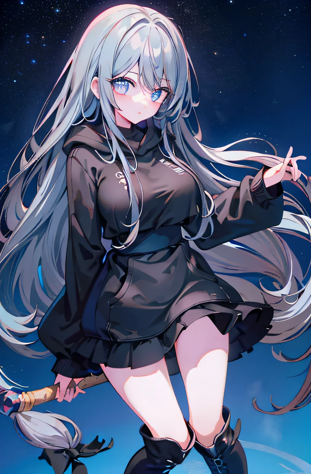 long hair,Long, blue-gray hair,Two moles under the eyes,Beautiful blue eyes,Detailed eyes,Detailed face,Large breasts,Black hoodie、Thin legs,Black boots
