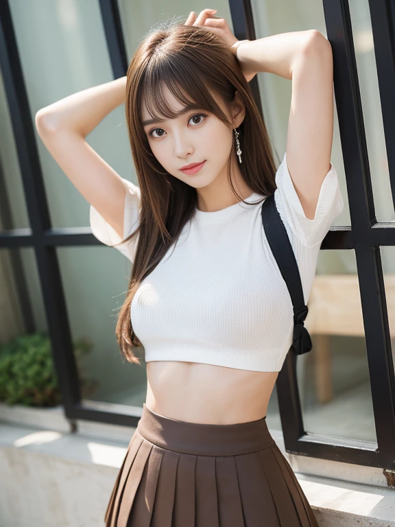 masterpiece, Highest quality, Super detailed, 複雑に詳細なSuper detailed, Realistic, Sharp features, Very detailed, Sharp focus, Perfect Face, Perfect Face, Perfect symmetrical perfect eyes, Perfect Plump Lips, Flexible female form, Cinematic, Film Light, Super detailed, hyper Realistic, High resolution, smile, Happy, Light brown hair, Asymmetrical Hair, Asymmetrical bangs, Messy Hair, Attractive pose, skinny Idol Sculpture, Idol Sculpture, Pleated skirt, close, (Wearing clothes:1.3), Natural light, Black leggings, Roll up your skirt, Dynamic pose,