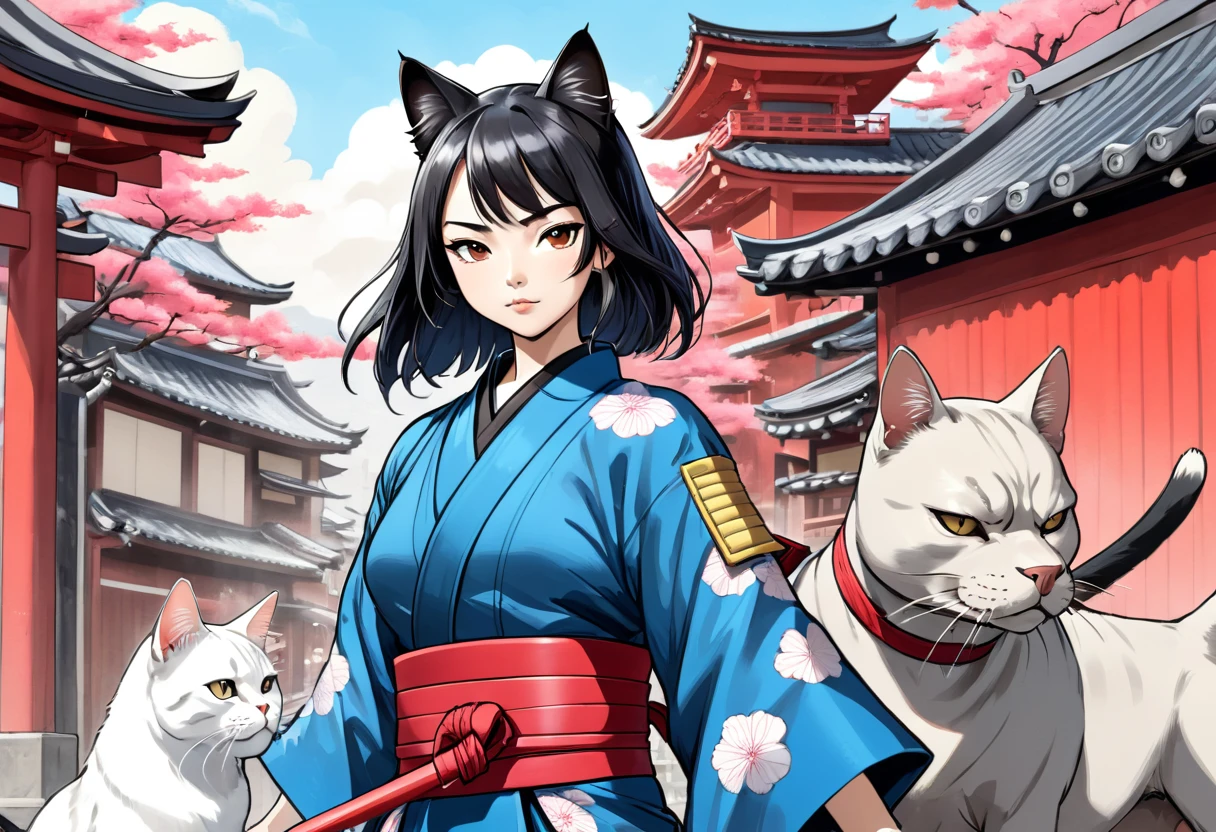 arte em tinta fina, comic style, portrait of japan, samurai cat and dog, Glamour de Osaka, bela arte de linha, comic style, manga style, manga art style, pencil and ink caricature drawing, coloring, , other positions, corpo inteiro. Japan Background, cat ninja and dog samurai, desenho colorido. Old japan sity in background